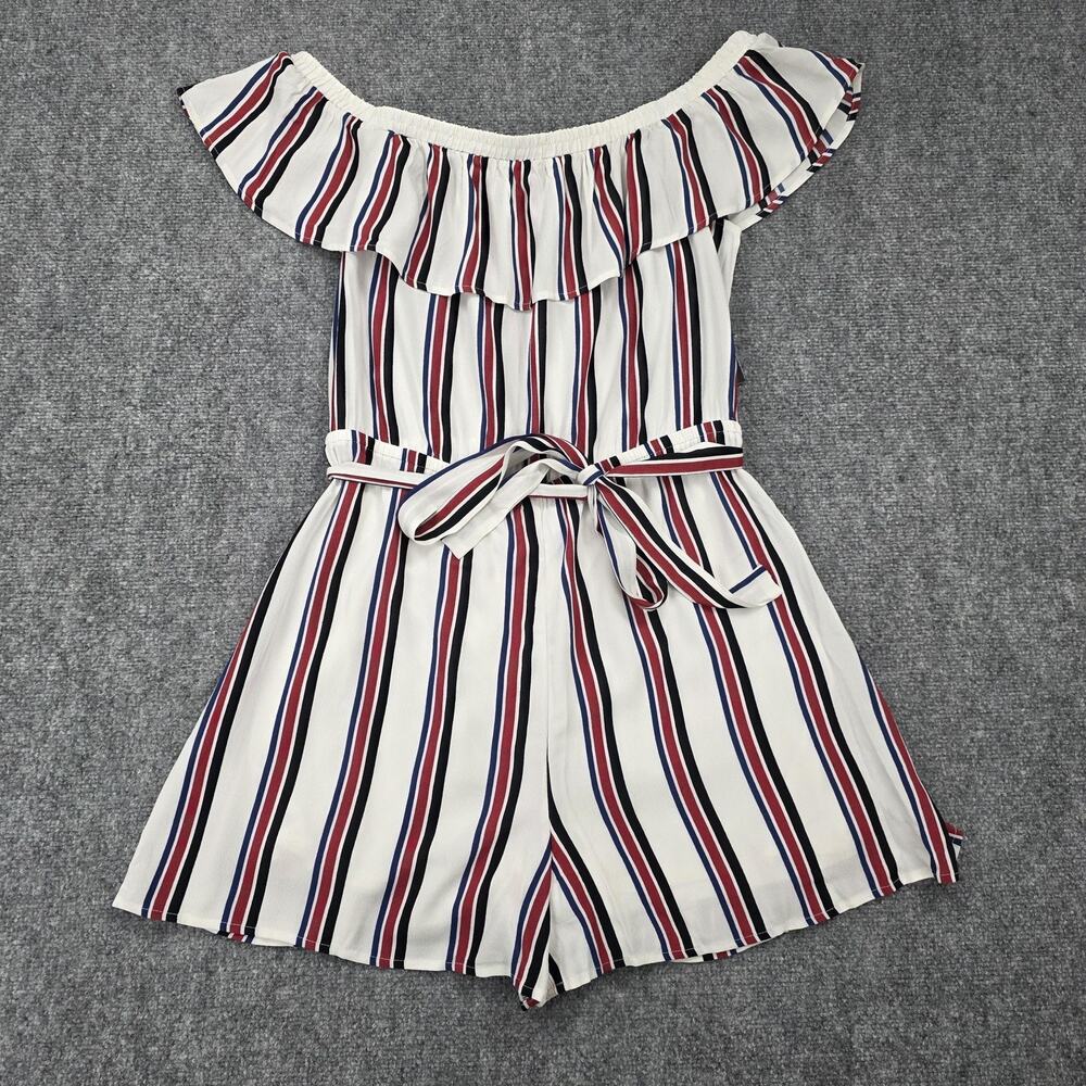 Express Romper Women Large White Stripe Off Shoulder Ruffle Belted Casual Jumper - Picture 6 of 16